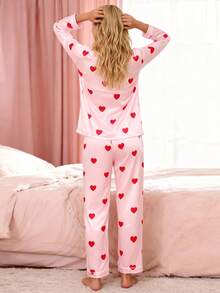 Mommy And Me Matching Pajamas Long Sleeve Lapel Dot/Heart Print Button Up Tops And Pants Set - Pink - View 6