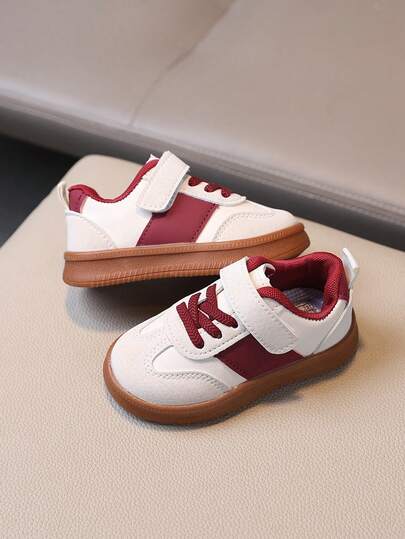 New Kids Canvas Shoes, White & Red Contrast Color Hook And Loop Design, Boys & Girls Soft Sole Casual Sneakers