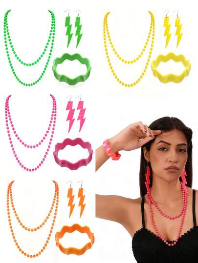 3pcs 70s/80s Retro Lightning Bolt Earrings, Gloves, Bracelet Set, Suitable For Role Play Accessories, 70s/80s Party, Festival Costume Accessories, Retro Fashion, Beaded Necklace