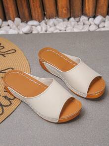 Plus Size 36-45 Summer Fashion Casual Beige Metal Buckle Wedge Heel Sandals, Comfortable Roman Outdoor Slip-On Slippers, Versatile Women Platform Thick Bottom Sandals - Premium Beige PU - View 7