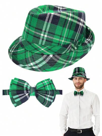2Pcs D EXCEED Mardi Gras Costume Accessories Set For Men Women – Plaid Hat Sequined Hat, Bow Tie – For St. Patrick's Day, Carnival Cosplay, Themed Parties, Masquerade Balls & Stage Performances