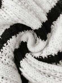 Women's Bohemian Style Hollow-Out Knitted Dress, Contrast Striped Design, Half-Open Placket With Metal Buttons, Waist-Cinched Cut, Soft & Comfortable, Fashionable & Versatile - Black and White - View 9