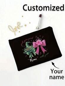 [Customized Name] Black Travel Pouch With Pink Glitter Accents - Lightweight Makeup Bag For Women, Wicked Witch & Wizard Of Oz Inspired, Zippered Toiletry Organizer, Ideal Gift For Daughter, Makeup Travel Bag