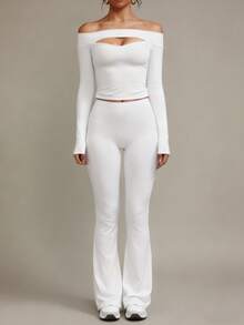 XLLAIS 2025 Autumn/Winter Women's Sexy Long Sleeve White Off-Shoulder Top, High Stretch Hollow Out Fitted T-Shirt - White - View 7