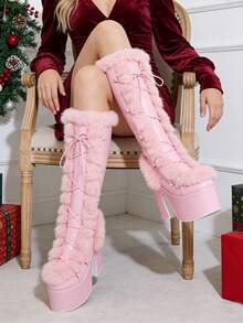 Warm Faux Fur Knee High Snow Boots For Women Punk Goth Platform Chunky High Heel Side Zipper Walking Winter Boots - Màu Hồng baby - Xem 7