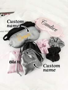 3pcs Personalized Women's Fashion Custom Name Eye Mask Set, Includes Custom Name, Scrunchie, And Storage Bag, Best Bridesmaid Gift, Bridal Party Gift, Personalized Wedding Favor, Satin Eye Mask And Scrunchie Set,Girly Era ,Premium-Quality - Multicolor - View 5