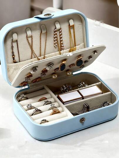 1pc Portable Travel Jewelry Storage Box, PU Leather Jewelry Organizer, Compact Zipper Jewelry Case, Multi-Layer Earring Ring Holder, Makeup Cosmetic Storage Box, Jewelry Display Stand, Perfume Organizer, Waterproof & Anti-Oxidation Material To Protect Rings, Earrings And Necklaces, Holiday Gift, Gift For Her, Suitable For Teachers