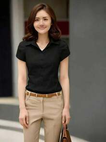 女士专业短袖修身通勤衬衫 黑色 夏季 - 黑色 - 查看 5
