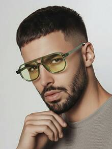 1 par de gafas de hombre con montura de policarbonato verde de forma poligonal, de unicolor minimalista, con puente doble, de estilo retro y elegante - Verde - Ver 1