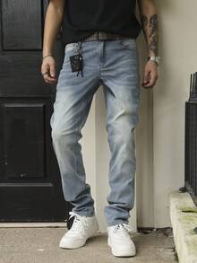 Men's Slim Fit Light Blue Jeans, Stretchy Skinny Casual Street Style Denim Pants, Versatile & Fashionable - Blue - View 1
