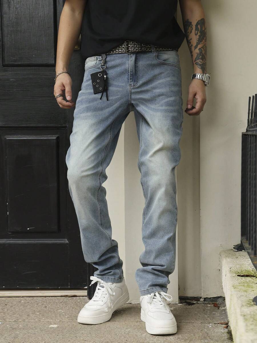 Men's Slim Fit Light Blue Jeans, Stretchy Skinny Casual Street Style Denim Pants, Versatile & Fashionable - Blue - View 1