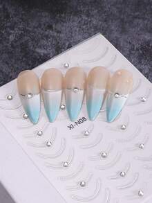 3D Golden Silvery Line Nail Stickers 1pc Self Adhesive French Tips Curve Stripe Lines Nail Art Decals With Sparkling Crystal Rhinestones DIY Manicure Decor Nail Supplies - 銀色 - 查看 7