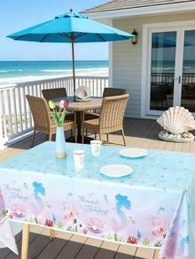 3 piezas Mantel con tema de sirena de 130 cm x 220 cm, degradado de azul y rosa soñador con patrón de sirena y coral, adecuado para fiesta de cumpleaños, fiesta de piscina de verano, decoración del hogar con tema oceánico y uso diario - Multicolor - Ver 9