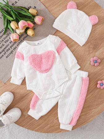 Baby Girl Heart Applique Contrast Color Long Sleeve Romper & Pants Set