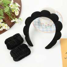 Set di fasce per capelli in spugna, fasce per il viso, fasce in pelliccia, e polsini per donne, accessori per capelli per la cura della bellezza a casa - nero - Visualizzare 2