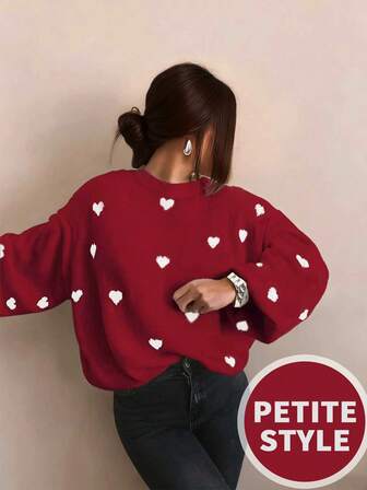 Petite Autumn And Winter Women's Valentine's Day Cute Casual Heart Pattern Loose Fashion Sweater, Round Neck Long Sleeve, Basic Sweater, Business Casual Women's Clothing, Autumn Tops, Autumn Sweaters, Autumn And Winter Women's, Autumn And Winter Women's Clothing, Autumn Clothing