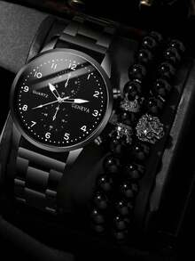 3pcs/Set Fashionable Versatile Men's Steel Band Quartz Watch With Lion Crown Bead Bracelet Set, Suitable For Business, Party And Daily Wear, Best Gift For Men - Black - View 8