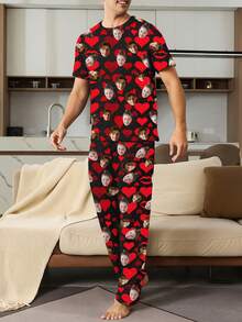 Customized Face Photo & Heart Pattern Men's 2 Pieces Pajama Set - Personalized Romantic Gift, Suitable For Valentine's Day, Birthday, Casual Daily Wear, Loungewear, Romantic Gift