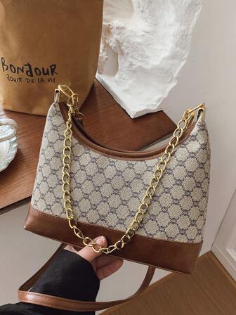 Women's Fashionable Chain Strap Retro Monogram Crescent Shoulder Bag