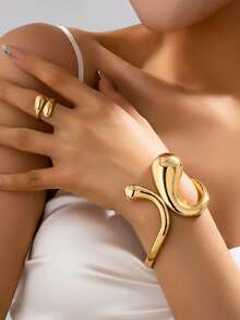2件套时尚金属水滴形拥抱设计戒指和手链套装，个性化派对首饰 - 金黃色 - 查看 8