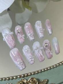 10片/套 手工可爱甜美棺材形美甲贴纸，Y2K风格渐变腮红底色，搭配星星、格子、波点、彩色钻石图案，以及3D蛋糕边蝴蝶结、猫爪、樱桃设计，精致优雅的美甲用品，手工按压式美甲贴片 - 粉色 - 查看 13