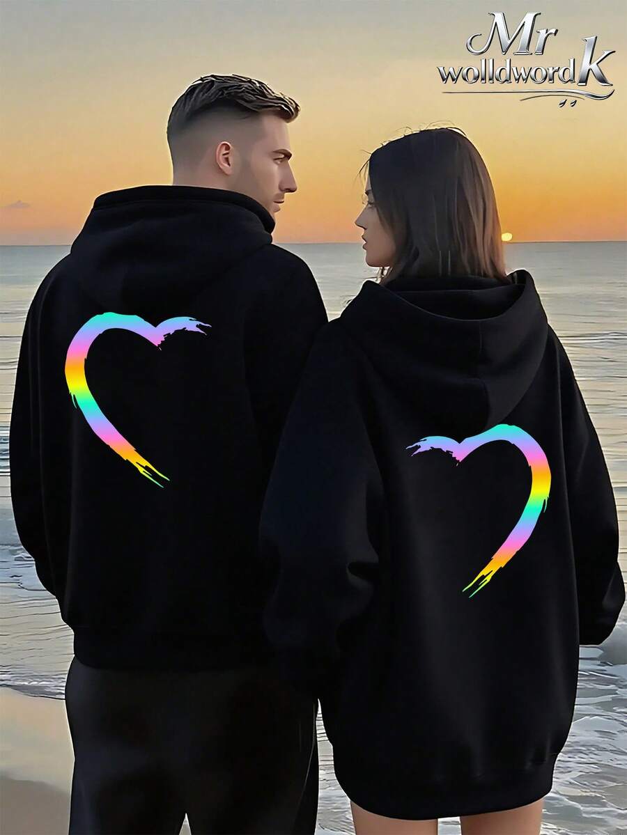 Sudadera con arte de corazón colorido para pareja | Sudadera casual holgada con capucha y estampado de dibujos animados, tejido suave y agradable para la piel, perfecta para otoño/invierno, ideal para el campus, la calle o para usar en casa. - Negro - Damas - Ver 1