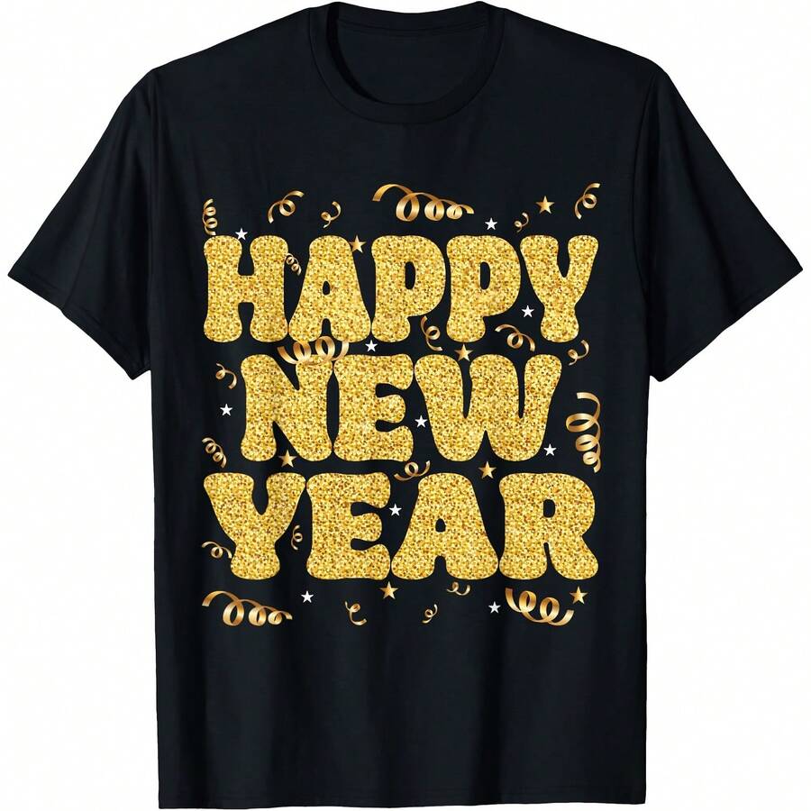 Happy New Year 2026 Men Women  New Years Eve Party Women T-Shirt,Men T-Shirt, Sports  Gift T-Shirt ,Comfortable Home Wear, Daily Fashion, Party Wear T-Shirt,Unisex Style ,Sizes S - XXXXL ,New Year's Gift T-Shirt - 黑色 - 查看 1