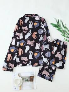 猫咪印花女士长袖睡衣套装 - 黑色 - 查看 5