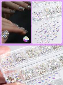 Set de materiale pentru unghii din sticlă 2600/1360 buc, pietre prețioase pentru unghii, decorațiuni 3D pentru unghii, materiale din sticlă plată transparentă colorată, accesorii pentru unghii în stil Y2K, unghii cu perle de diferite forme, pietre decorative pentru unghii - Multicolor - Vizualizare 10