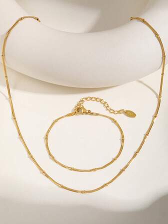 2pcs/Set Stainless Steel 18K Gold Plated Bead & Flat Snake Chain Bracelet Necklace Jewelry Set, Fashion Gift For Girlfriend, Valentine's Day Gift