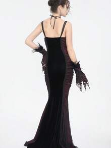 EVA LADY Đầm dạ hội kiểu Gothic không tay, dây mảnh, dáng đuôi cá, thích hợp cho tiệc tối. - Đỏ và đen - Xem 2
