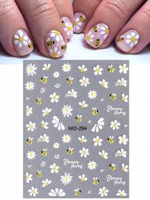 2 Sheets 3D Bee Daisy Nail Art Stickers - Self-Adhesive Floral Decals With Bees & Flowers, Embellished Plastic Decorations For Nails, Single-Use, Glittery Cartoon Theme, Bee Decorations - 彩色 - 查看 2