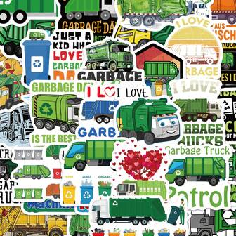 50 pegatinas de camión de basura, reutilizables para equipaje, monopatín, guitarra, bicicleta, pegatinas de recompensa para aprendizaje de clasificación de basura