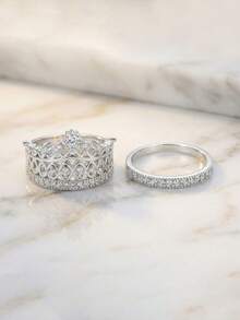 奢华皇冠公主风格戒指镶嵌方晶锆石，适合女性在婚礼、订婚和节日佩戴，可作为礼物 - 銀色 - 查看 3