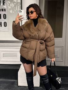 Women's Fur Collar Tie-Up Padded Coat, Autumn/Winter - Brown - View 5