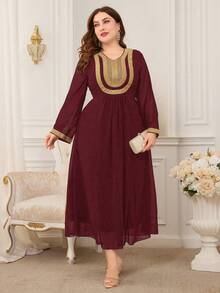 Plus Size Arabian Maroon Long Sleeve V-Neck Dress With Golden Embroidered Appliques Elegant Woven Fabric Long Dress For Women - Burgundy - View 1