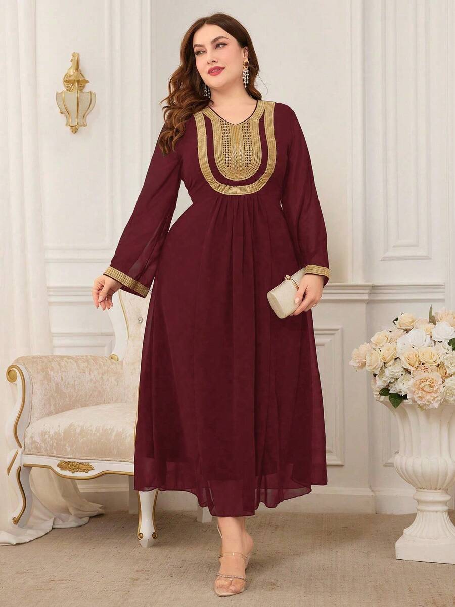 Plus Size Arabian Maroon Long Sleeve V-Neck Dress With Golden Embroidered Appliques Elegant Woven Fabric Long Dress For Women - Burgundy - View 1