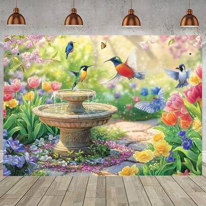 2D Flat, 1pc Spring Garden Blossom Background Banner - Vibrant Hummingbird And Blooming Flowers Polymer Decor, Suitable For Art Themed Celebrations And Photography, Season Decoration | Vibrant Garden Theme | Polymer Background, Garden Decoration