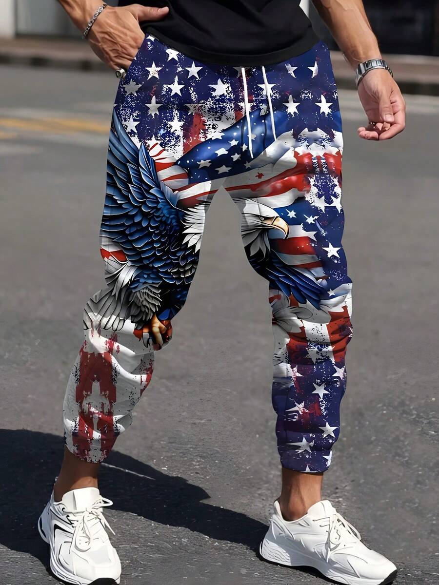 Men'S 3D Print Streetwear Joggers - Breathable, Comfortable, And Light Beige-Friendly Casual Pants With Eagle & American Flag Design, Perfect For Spring/Fall Outdoor Activities, Jogging Pants, Stars And Stripes Pants, Men Casual Eagle Pant, Men'S Pants For The Homeland, Eagle Print Jogger Pants, National Flag Pant - 彩色 - 查看 1