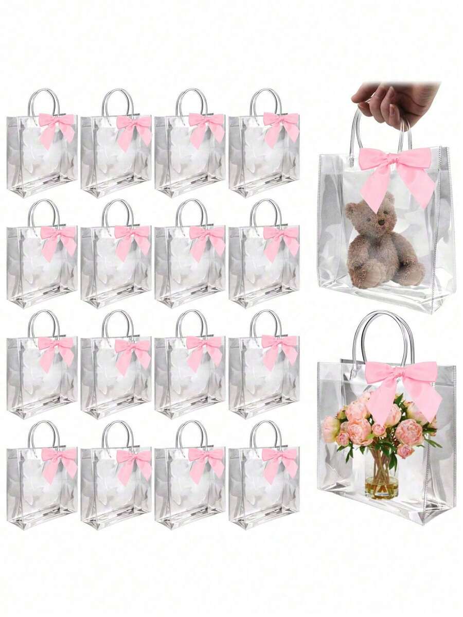 10 piezas Bolsas de regalo de plástico transparente con lazo de cinta, tamaño aproximado de 15x13x7cm (5.9x5.1x2.8 pulgadas), reutilizables, adecuadas para bodas, cumpleaños, baby shower, regalos de boda, obsequios para fiestas nupciales, decoraciones de pasteles, embalaje, decoraciones de fiesta - Rosa Pálido - Ver 1