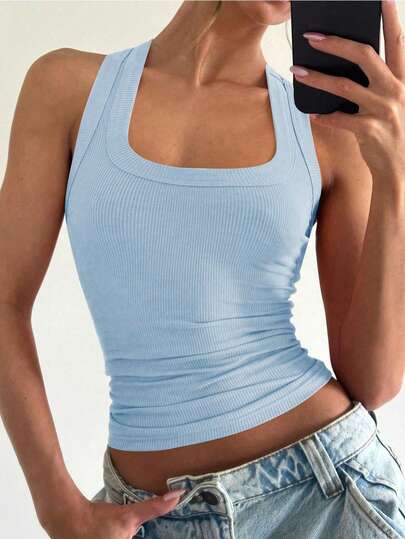 Floreya Square Neck Sleeveless Tank Top For Women, Summer Chic Minimalist Casual Fitted Cropped Camisole, Versatile Layering Shirt, Athleisure Style, Suitable For All Seasons