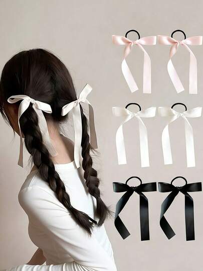 6个/包复古蝴蝶结发圈，芭蕾舞风格丝带发带，甜美日常发饰