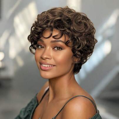 4# Brown Loose Curly Pixie Cut Human Hair Wigs Bouncy Curly Haircut For Women 6 Inch 180% Density Layered Curly And Straight Hairstyle Brazilian Virgin Hair Glueless Wigs Perfect For Daily Wear & Party & Christmas & Festival Celebrations & K-Pop
