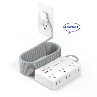 JcBlaon Cable de extensión de 15 pies, regleta con protector contra sobretensiones con 6 tomas y 4 puertos USB (2 puertos USB-C), enchufe plano, protección de 1080 julios para interiores, hogar, oficina, suministros, artículos esenciales para dormitorio