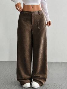 Autumn And Winter Casual Women's Front And Back Pocket Loose Solid Color Wide Leg Pants - 咖啡色 - 查看 2
