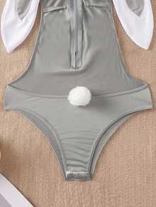 Ning xue yan ying 两件套女士灰色兔子角色扮演服装，包括兔耳朵帽和毛茸茸的尾巴，性感露背连体衣（含丝袜），适合锐舞派对 - 灰色 - 查看 9