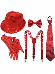 D EXCEED 2/3/4/5 Pcs Disco 3 Pieces Set Sequin Beret Hat Set. 70s Retro Glitter Accessories Including Sequin Beret Hat, Bow Tie And Suspenders. - Multicolor - View 9