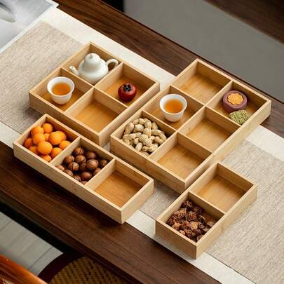 Modern Minimalist Tea Set, Plaid Fruit Plate, Snack & Dried Fruit Tray, Bamboo Plate, Divided Plate, Hot Pot Side Dish Plate