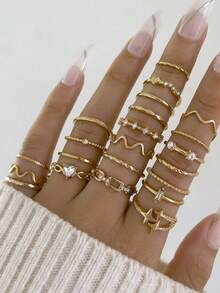 22pcs Heart, Wave Texture, Star Rhinestone Rings, Suitable For Women Daily, Wedding, Party Wear, Gift For Friends And Family (Size Runs Small, Please Purchase Carefully) - Gold - View 1