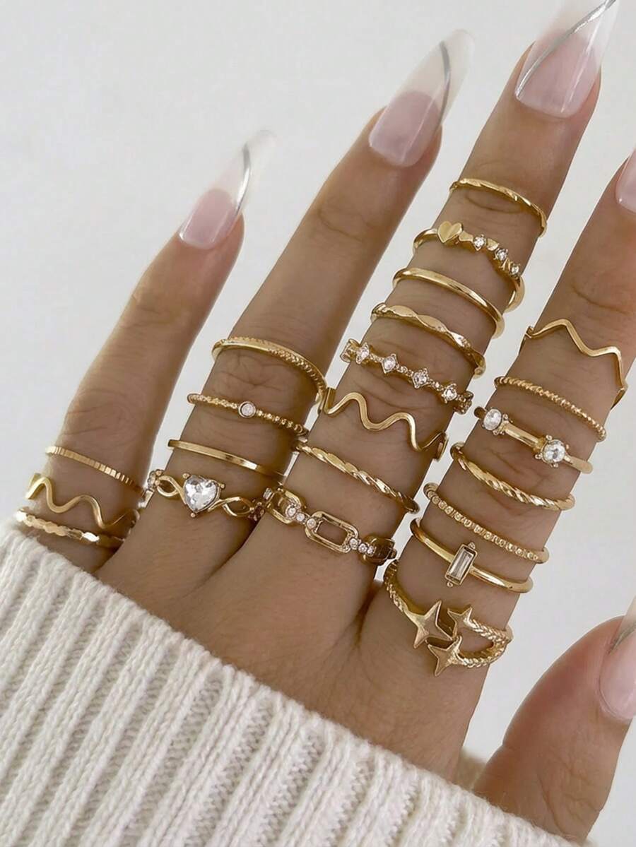 22pcs Heart, Wave Texture, Star Rhinestone Rings, Suitable For Women Daily, Wedding, Party Wear, Gift For Friends And Family (Size Runs Small, Please Purchase Carefully) - Gold - View 1